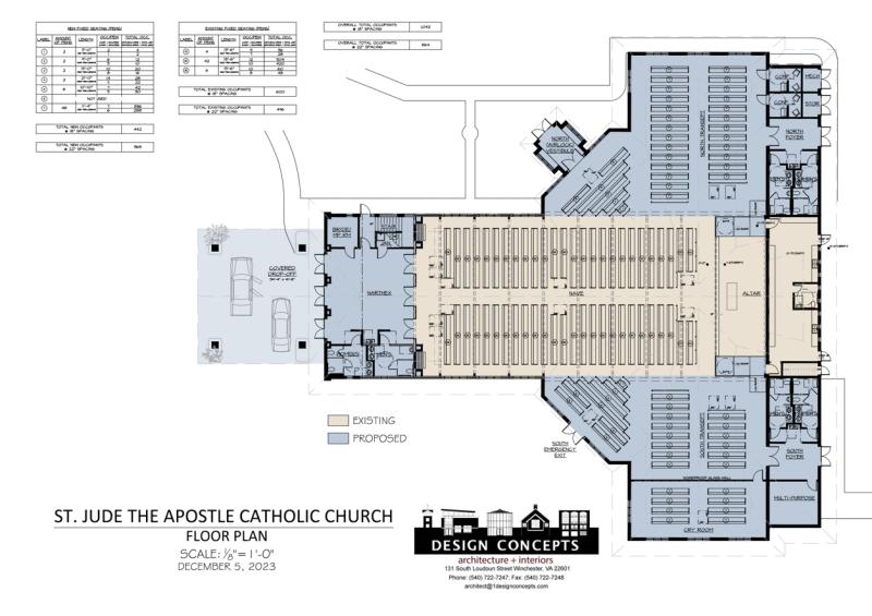 All of the blue shaded areas will be new construction, including transepts on both sides of the existing sanctuary and an expanded narthex at the entrance. DESIGN CONCEPTS GRAPHIC